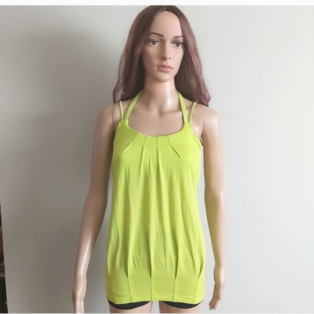 Lululemon tank top bright green strappy long workout light support shelf Bra